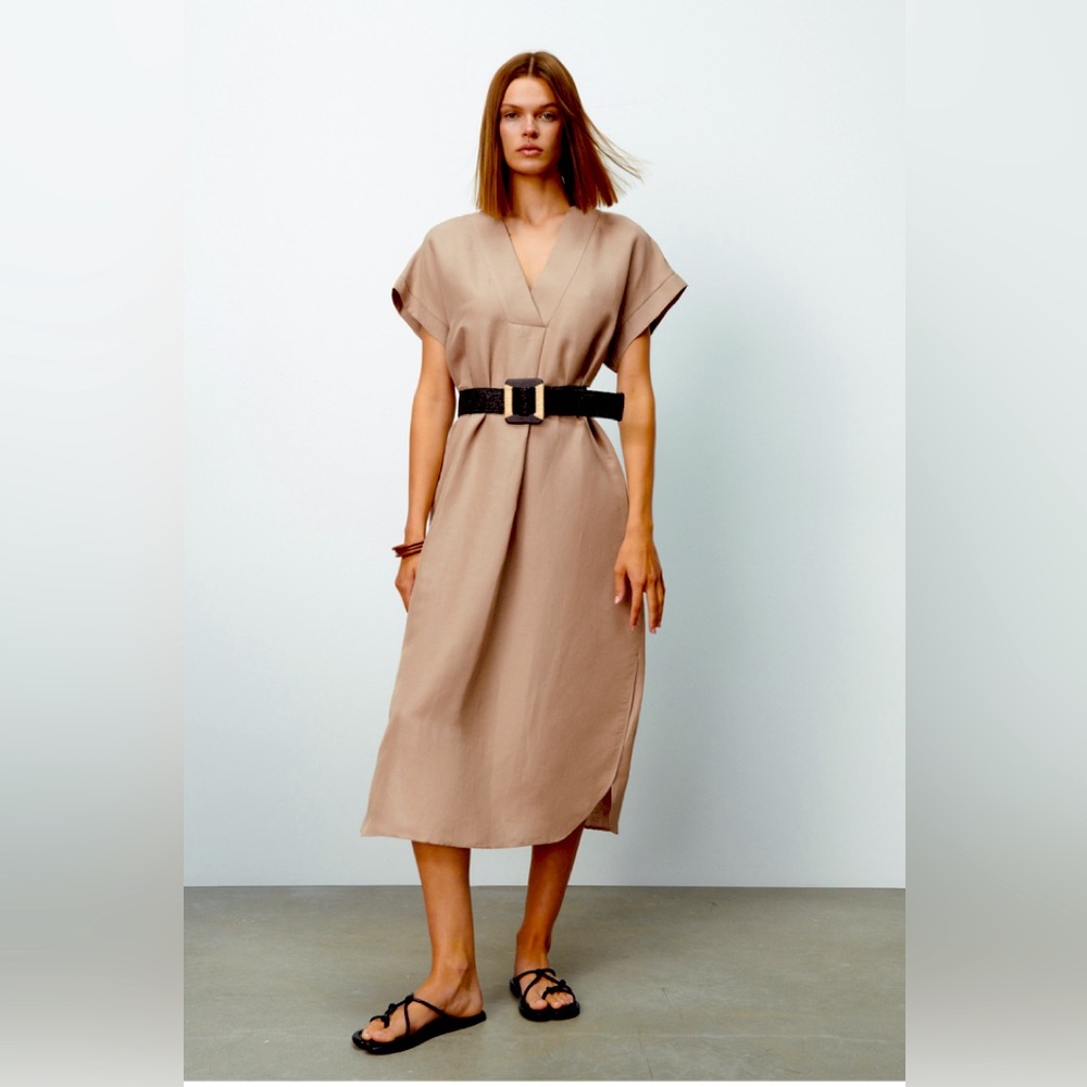 linen blend tunic dress with belt